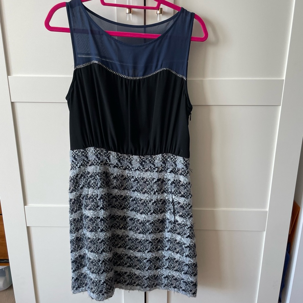 Navy and Silver Chiffon and Tweed Anthropologie Dress